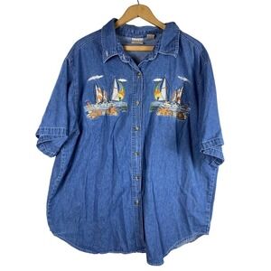 Quizz Shirt 24 2X Embroidered Denim Chambray Sailboat Boat Nautical Womens